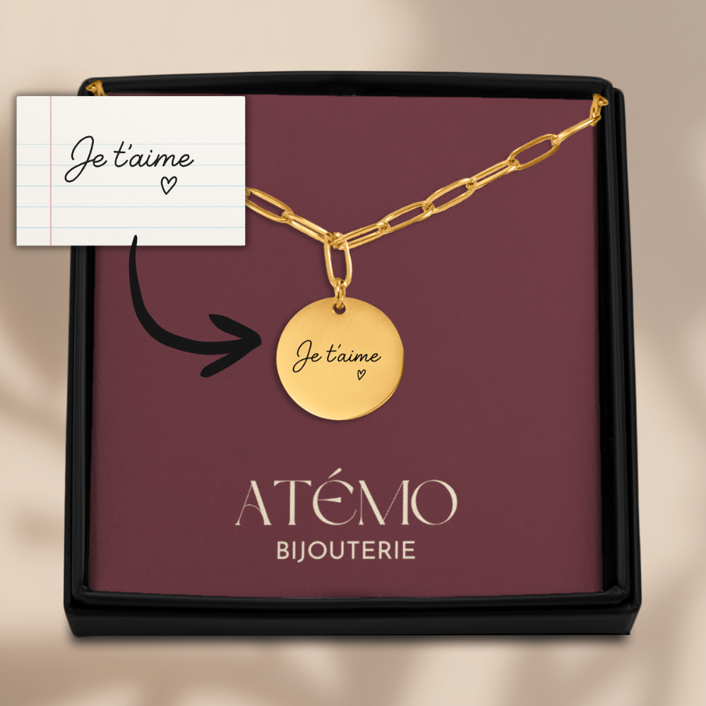Collier disque avec message manuscrit gravé| Chaîne trombone