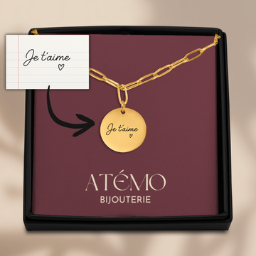 Collier disque avec message manuscrit gravé| Chaîne trombone