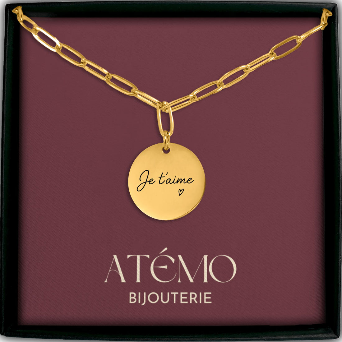 Collier disque avec message manuscrit gravé| Chaîne trombone