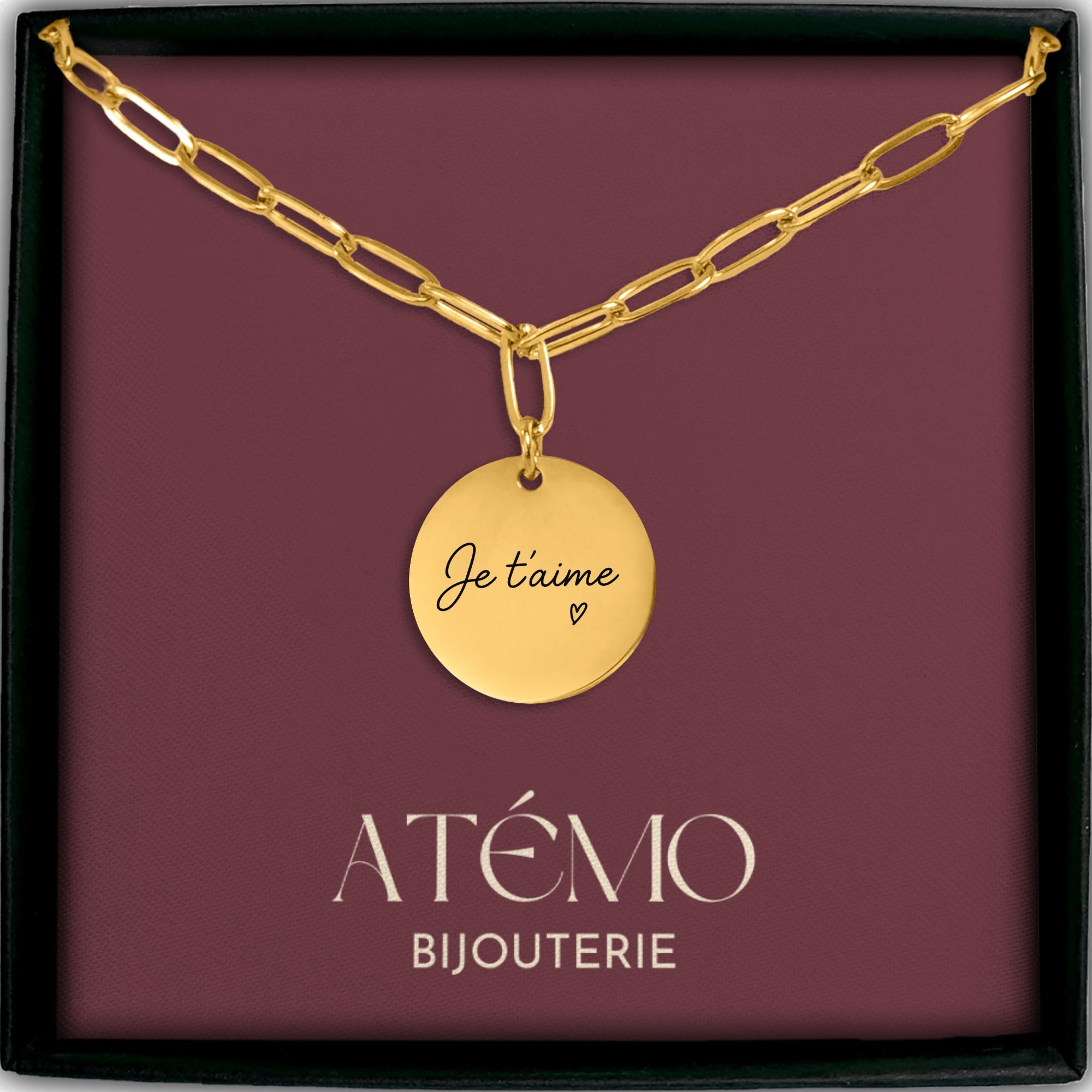 Collier disque avec message manuscrit gravé| Chaîne trombone