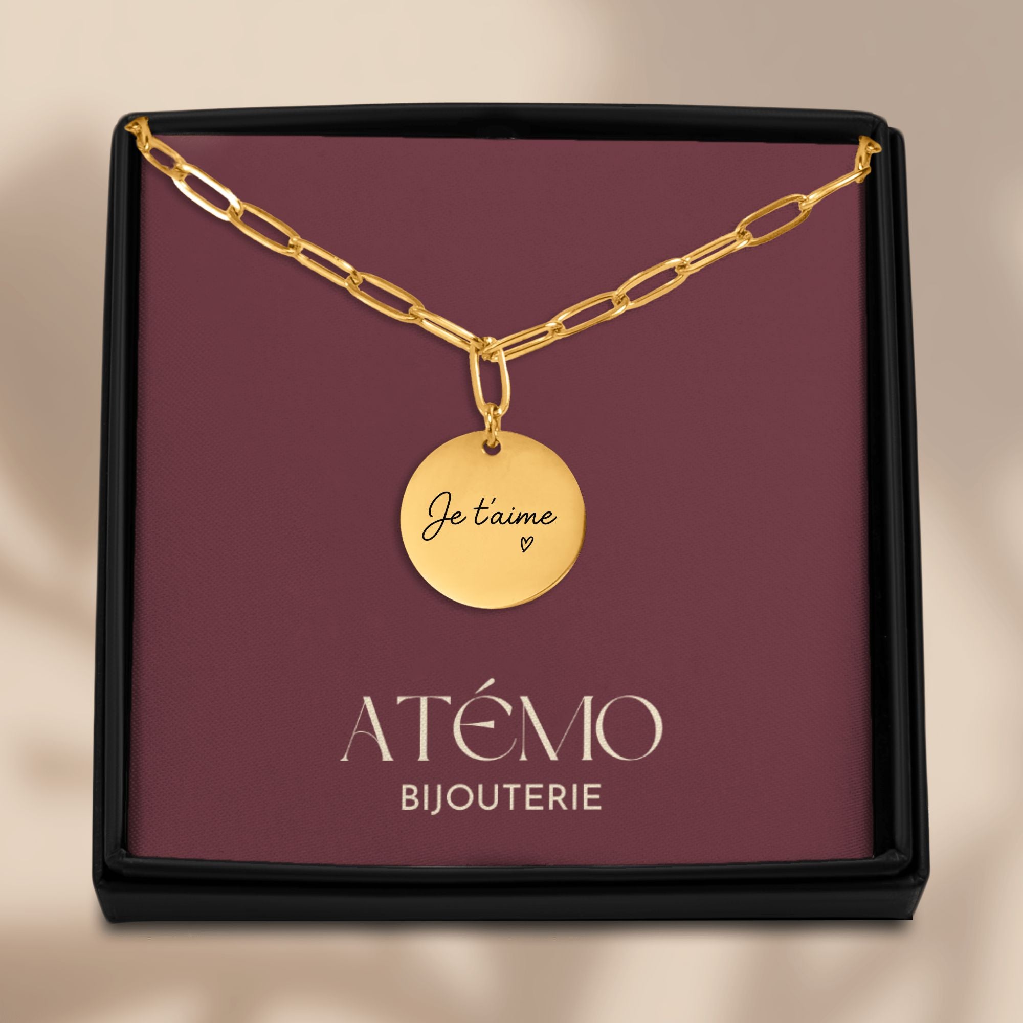 Collier disque avec message manuscrit gravé| Chaîne trombone