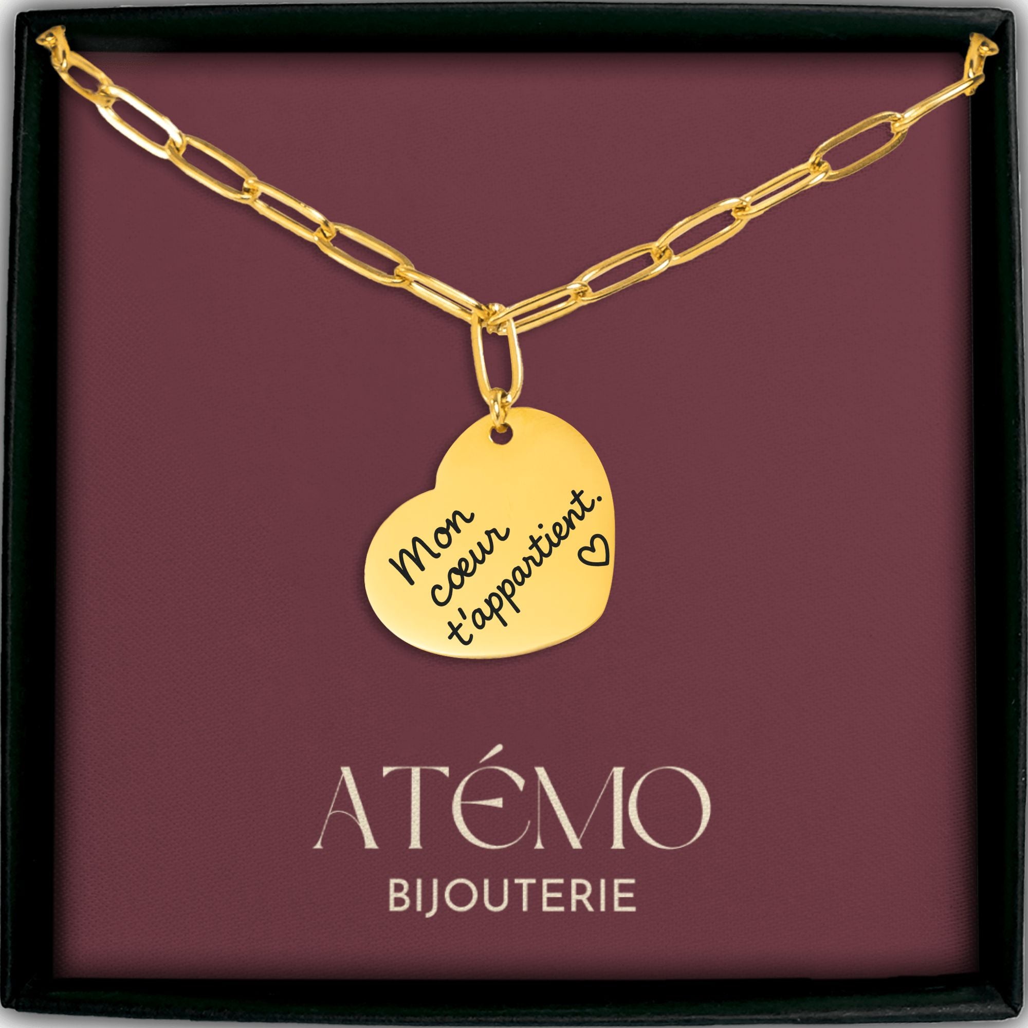Collier cœur avec message manuscrit gravé | Chaîne trombone