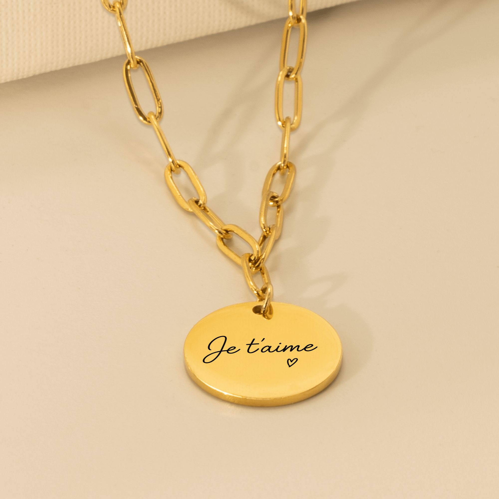 Collier disque avec message manuscrit gravé| Chaîne trombone