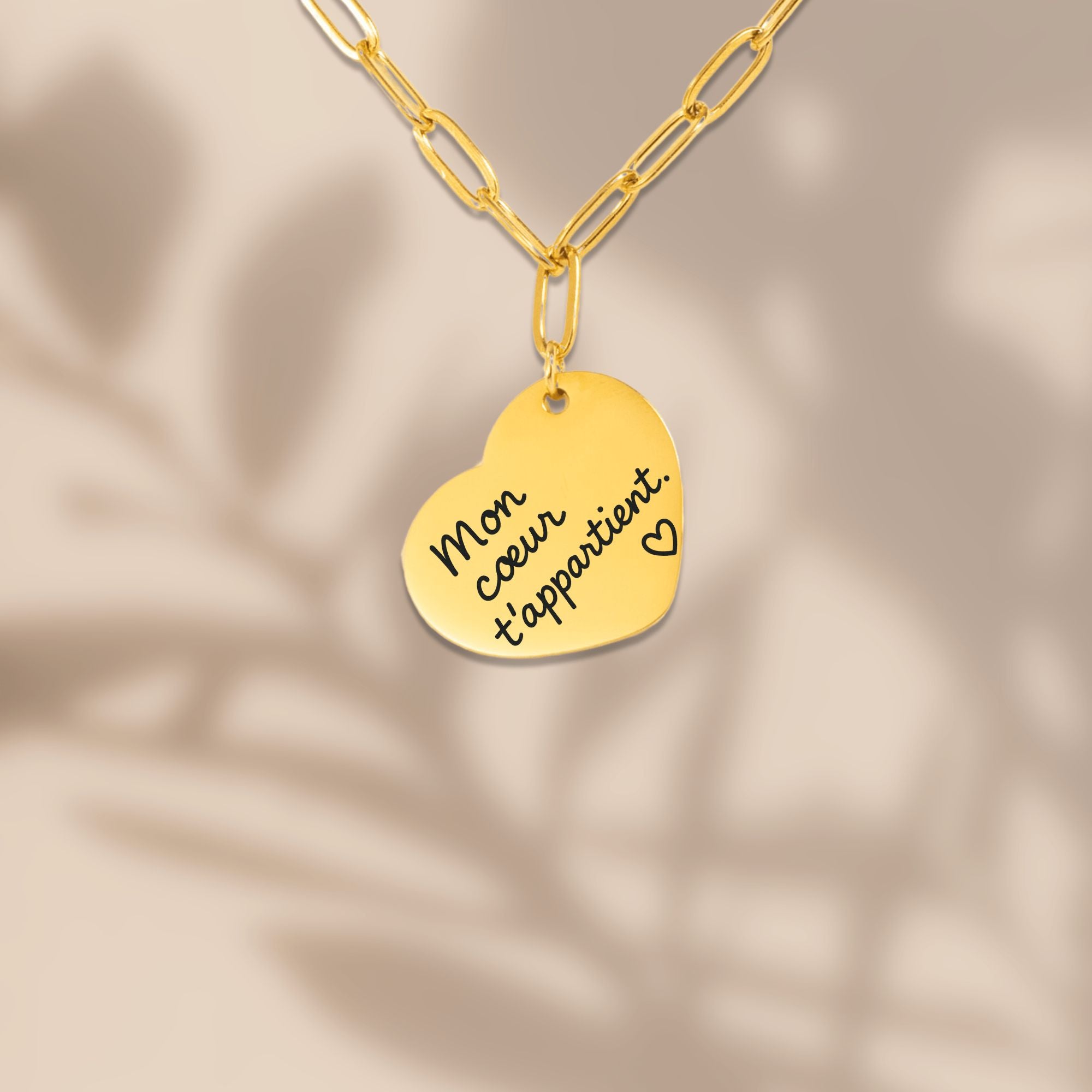 Collier cœur avec message manuscrit gravé | Chaîne trombone
