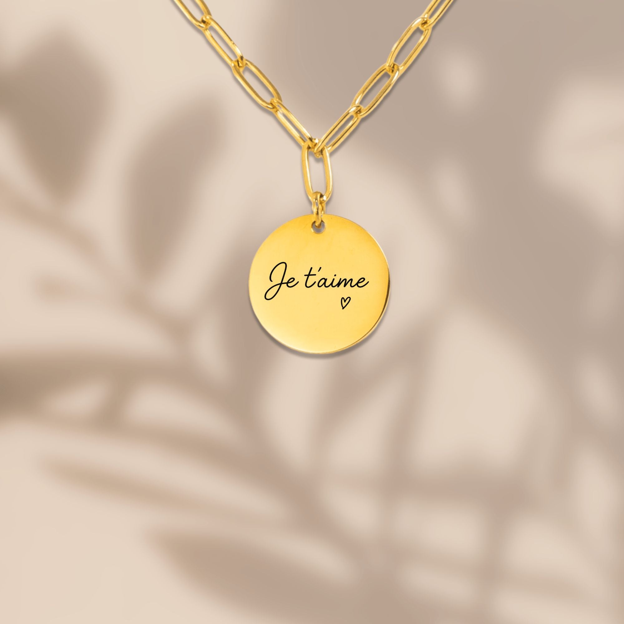 Collier disque avec message manuscrit gravé| Chaîne trombone