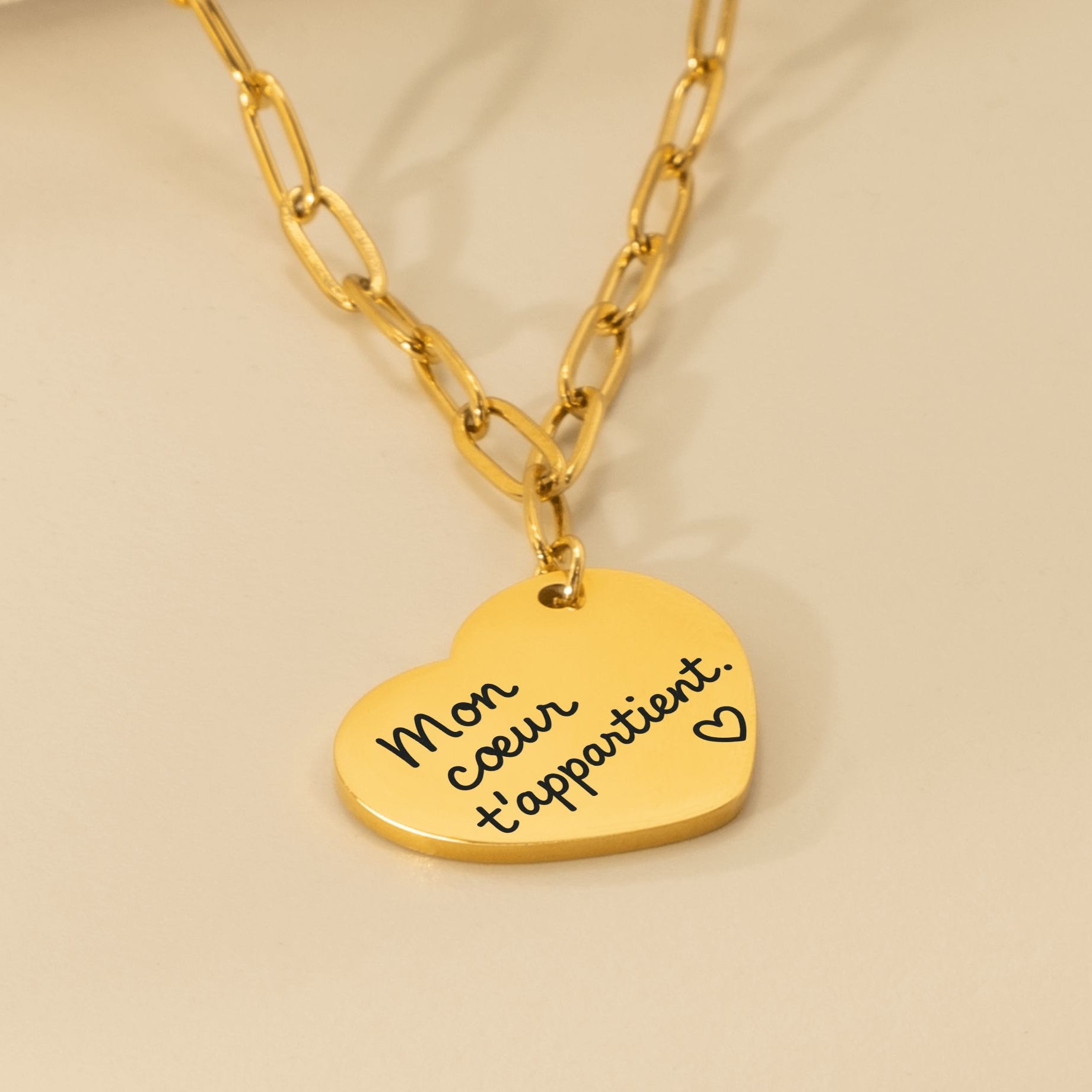 Collier cœur avec message manuscrit gravé | Chaîne trombone