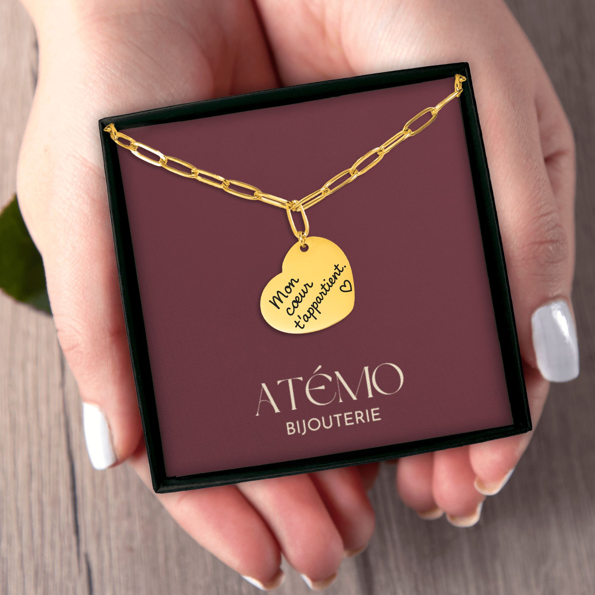 Collier cœur avec message manuscrit gravé | Chaîne trombone