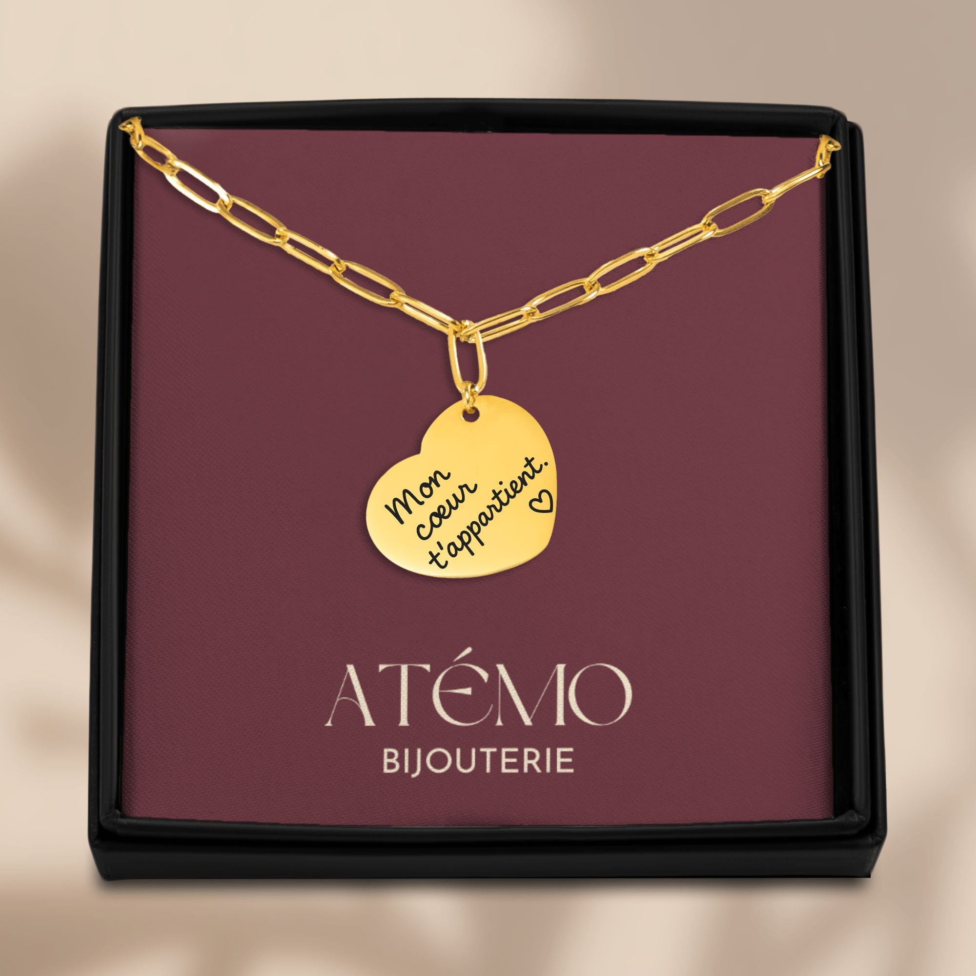 Collier cœur avec message manuscrit gravé | Chaîne trombone