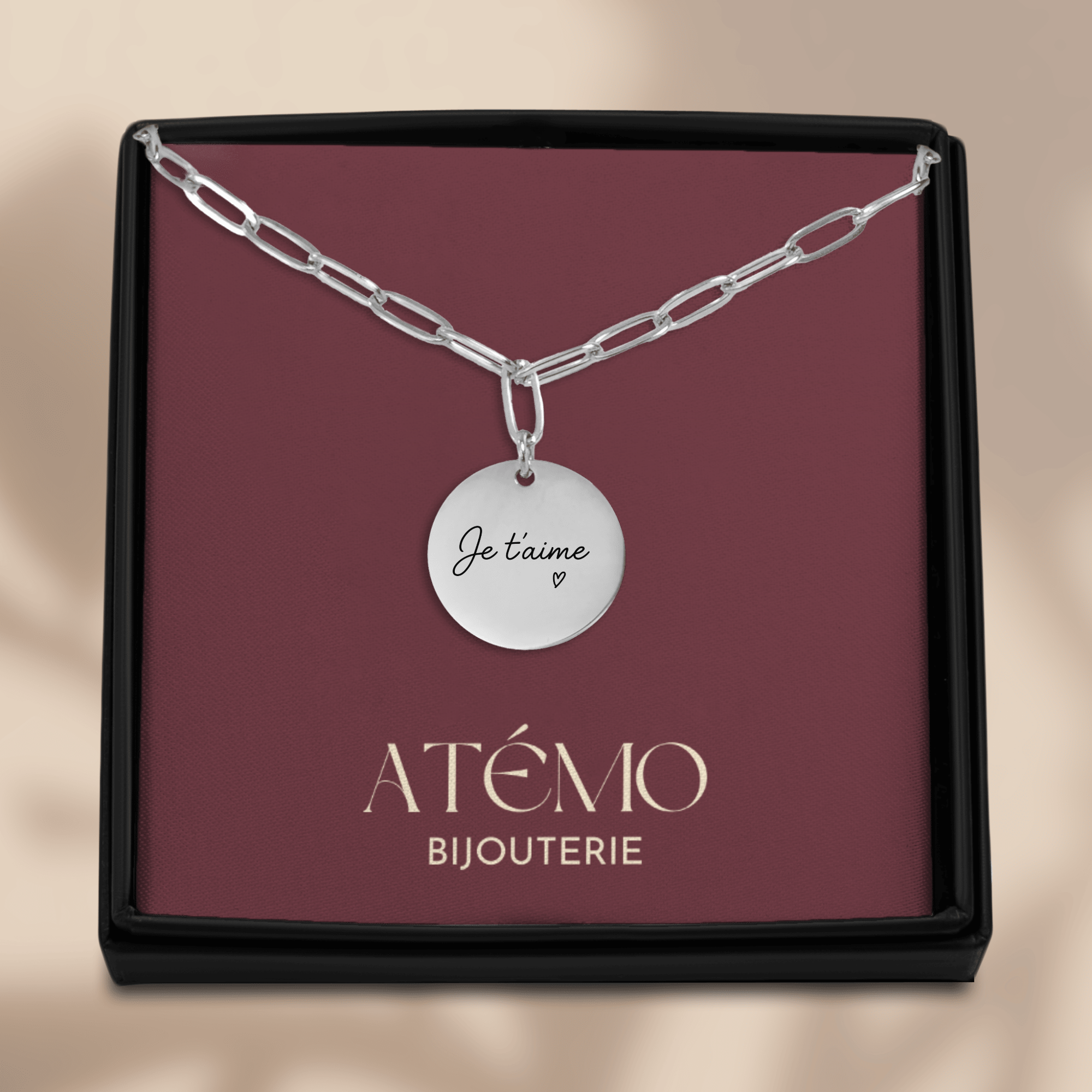 Collier disque avec message manuscrit gravé| Chaîne trombone