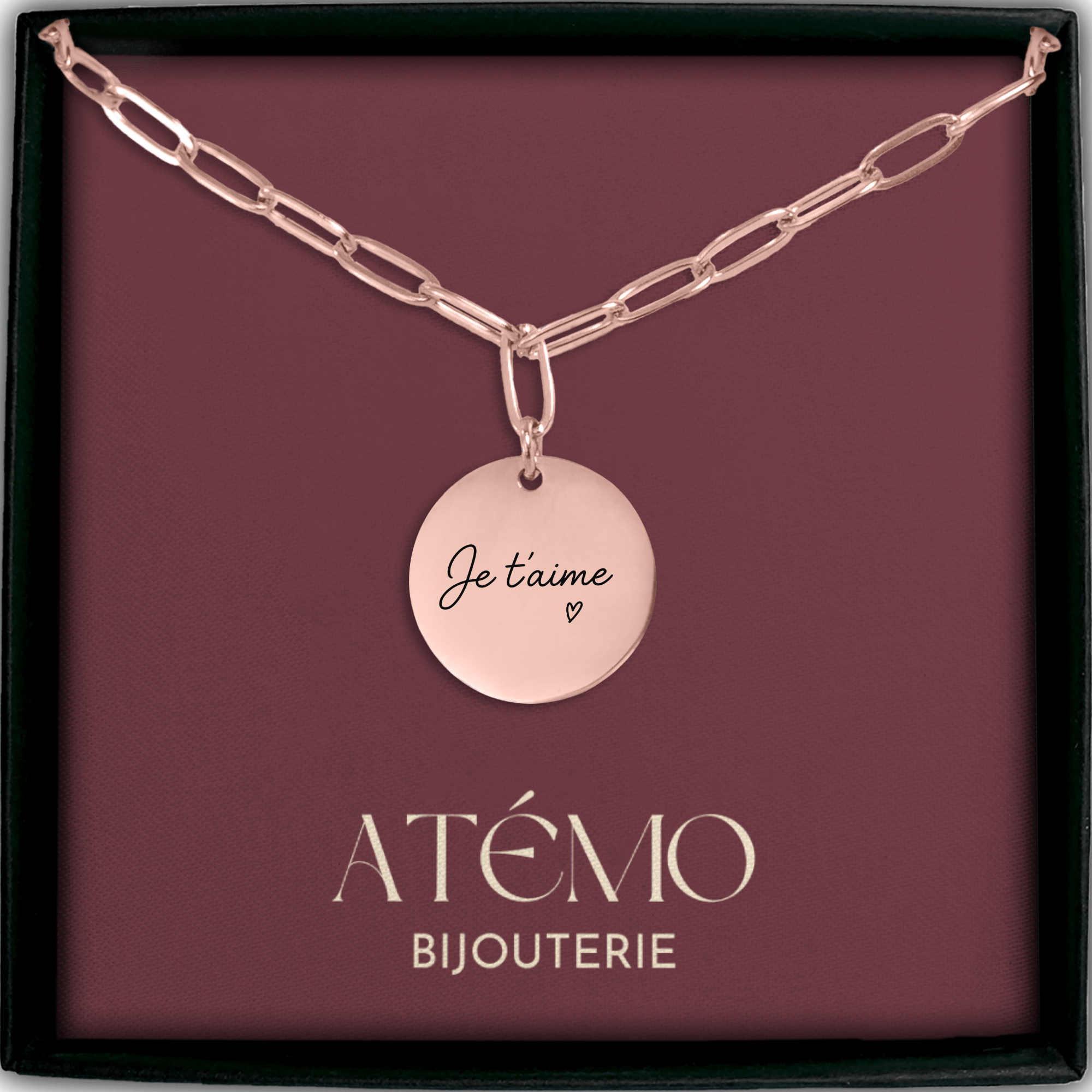 Collier disque avec message manuscrit gravé| Chaîne trombone
