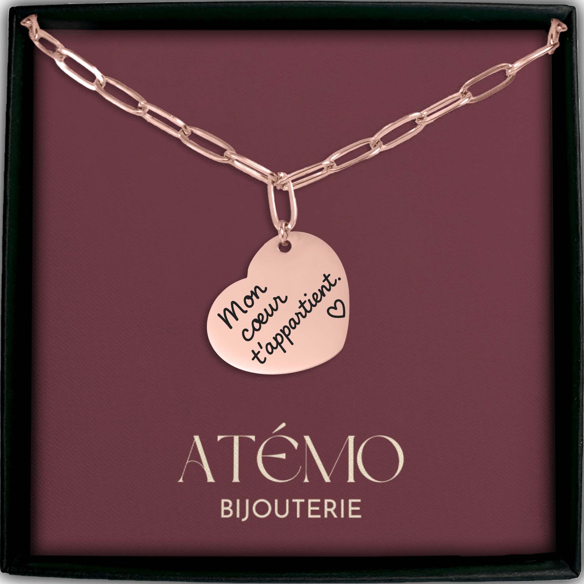 Collier cœur avec message manuscrit gravé | Chaîne trombone
