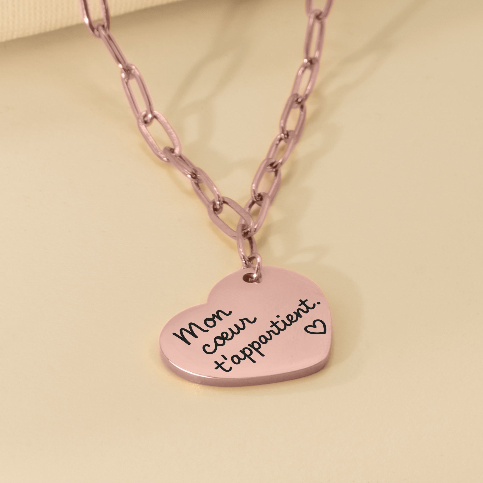 Collier cœur avec message manuscrit gravé | Chaîne trombone