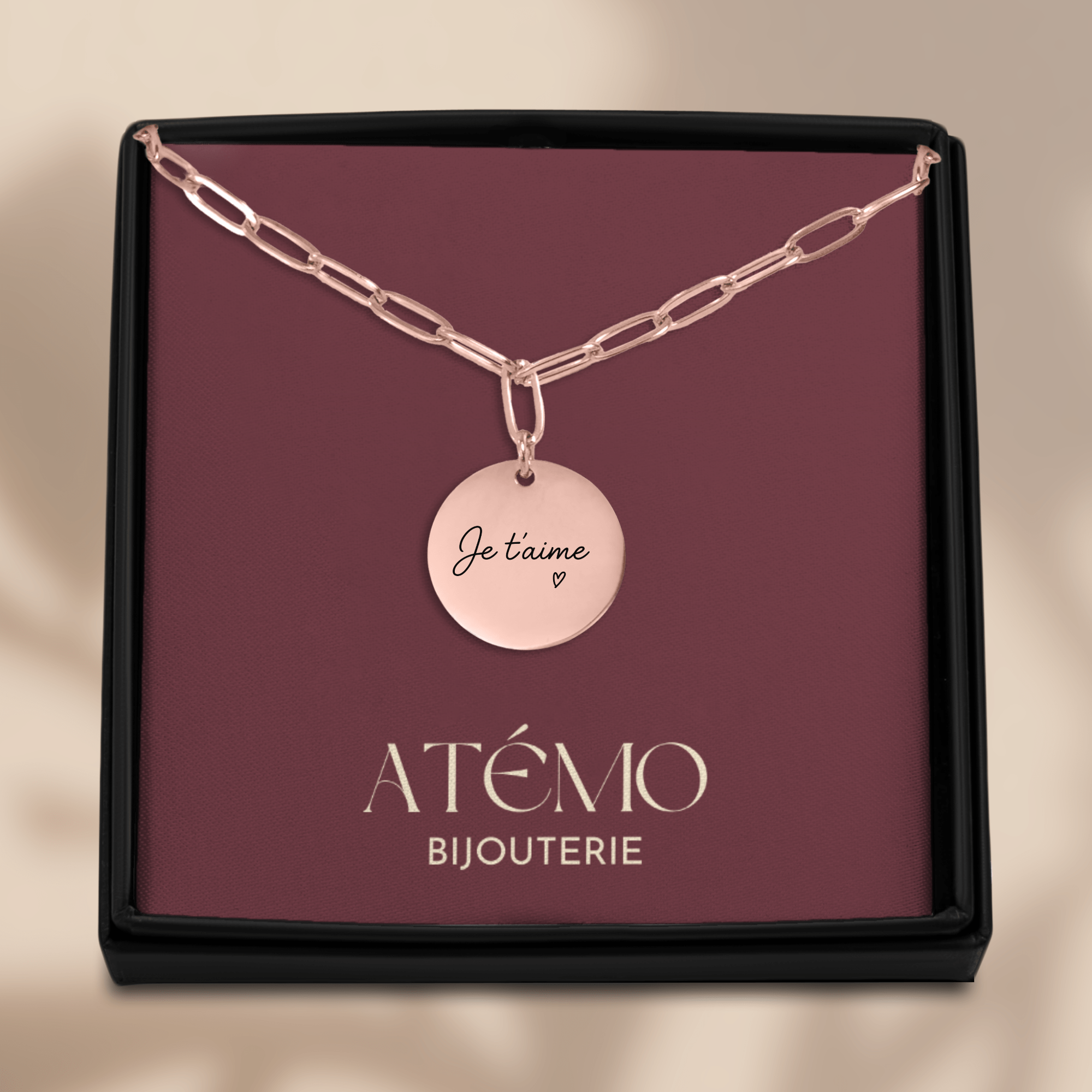 Collier disque avec message manuscrit gravé| Chaîne trombone