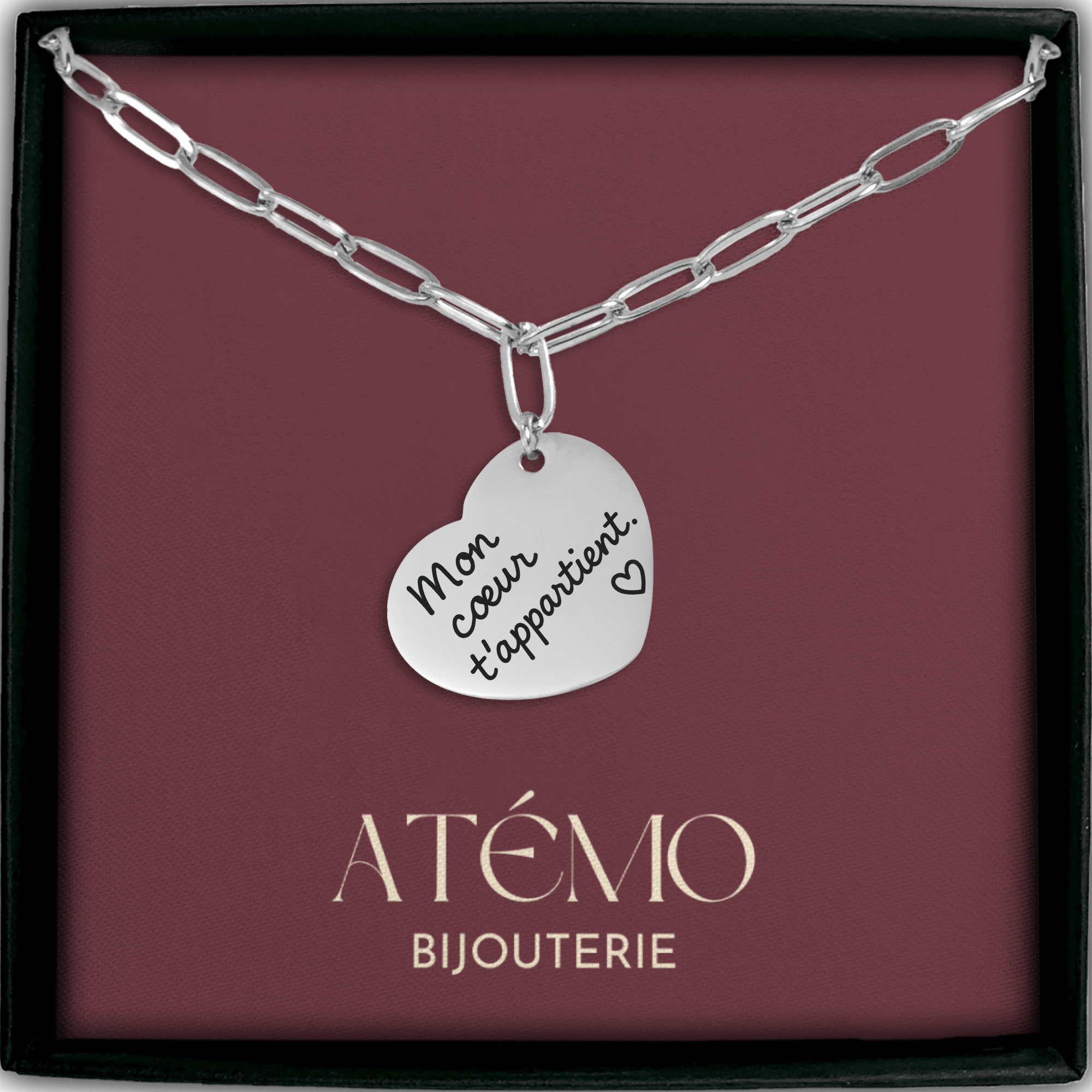 Collier cœur avec message manuscrit gravé | Chaîne trombone