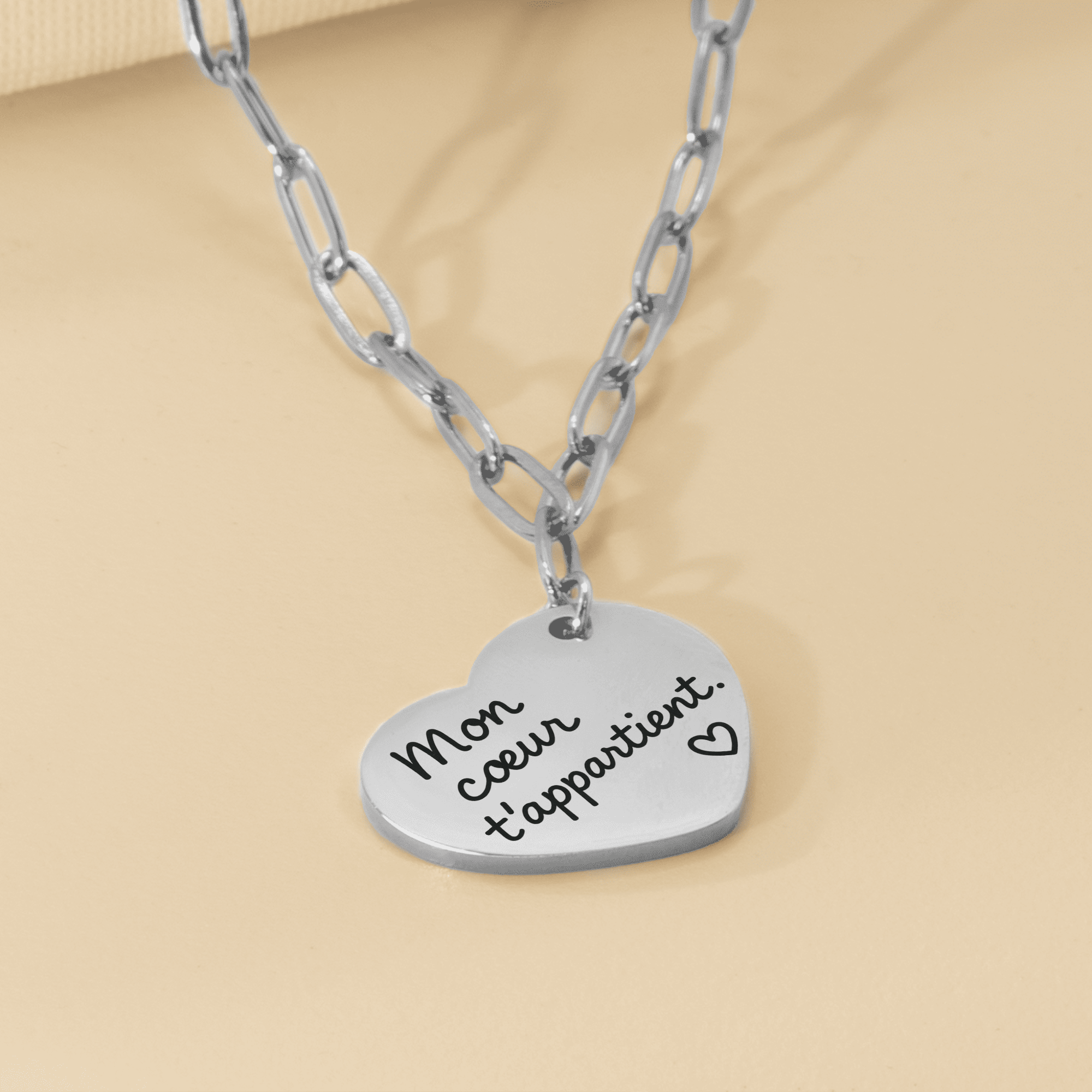 Collier cœur avec message manuscrit gravé | Chaîne trombone