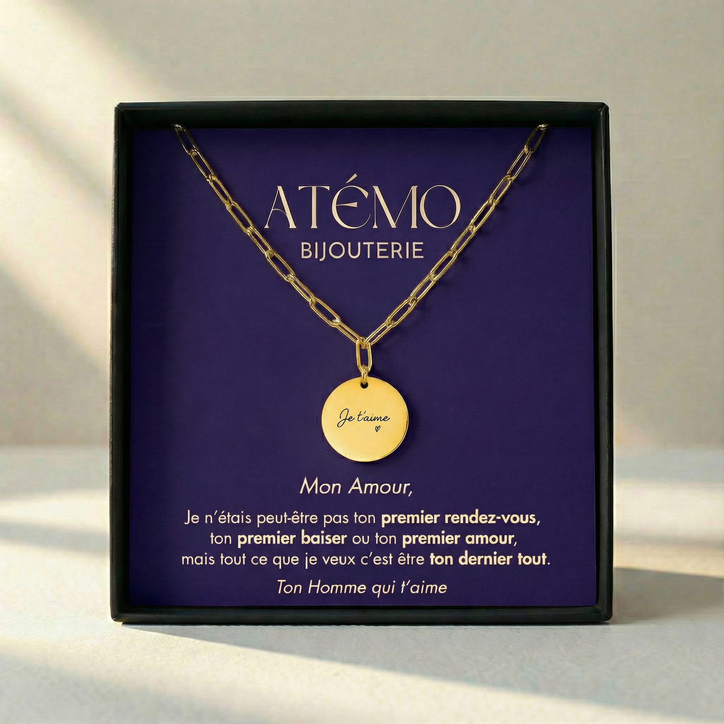 Collier disque "Je t'aime" avec carte message d'amour